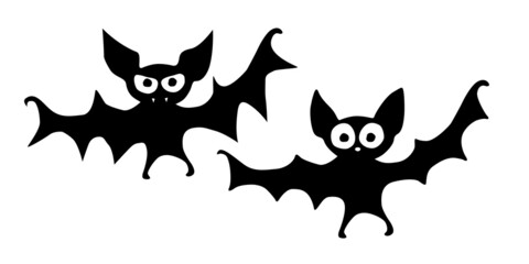 Cute vampire bats drawn in cartoon flat style. Vector black silhouette illustration isolated on white background. For halloween design, greeting card