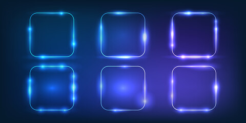 Set of six neon frames with shining effects