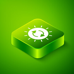 Isometric Solar energy panel icon isolated on green background. Sun with lightning symbol. Green square button. Vector