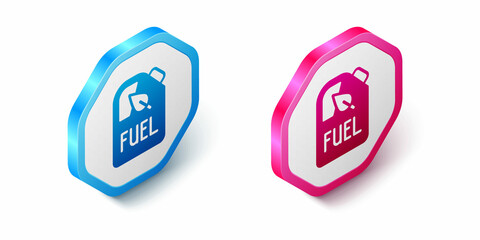 Isometric Bio fuel canister icon isolated on white background. Eco bio and barrel. Green environment and recycle. Hexagon button. Vector