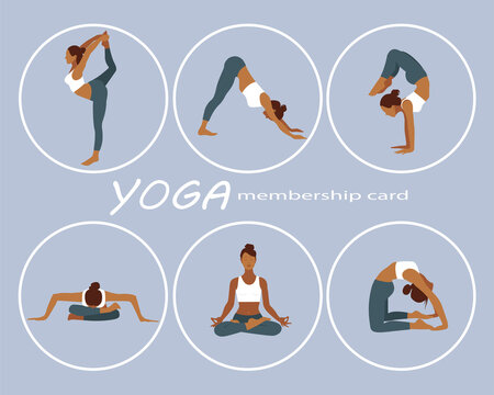 Yoga membership card. Yoga class. Exercise, stretching . Wellness training in flat vector illustration.