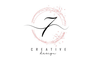 Handwritten 7 seven number logo with dust pink sparkling circles and glitter.