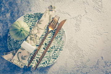 Place setting for Thanksgiving in vintage style copy space