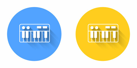 White Music synthesizer icon isolated with long shadow background. Electronic piano. Circle button. Vector