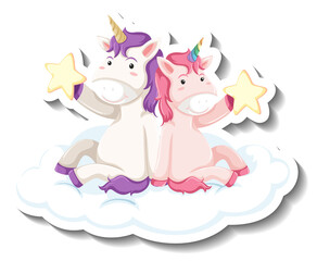 Obraz na płótnie Canvas Two cute unicorns sitting on the cloud together cartoon sticker