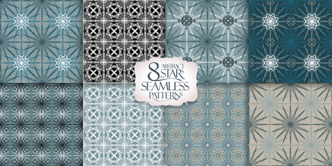 Seamless patterns set with geometric stars ornaments, vector backgrounds collection