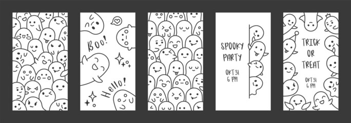 Halloween ghost design. Vector set of social media story template with copy space