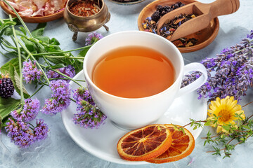 Organic tea. Herbs, flowers and fruit around a cup of tea. Healthy autumn beverage