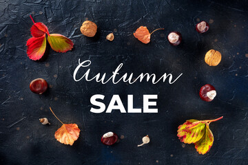 Autumn Sale banner with fall leaves and chestnuts, overhead flat lay shot on a black background