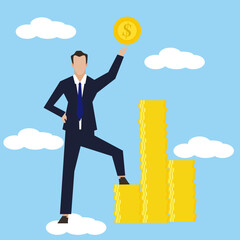 A businessman standing step-on money stacks the other hand holding money gold coin