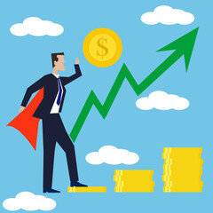 A business man in tuxedo and red cape point at gold coin money standing on coins stack with sky and cloudy background next to green going up graph