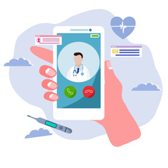 A hand holding smart phone on screen shows doctor profile picture on a call, telemedicine concept
