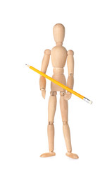 Wooden mannequin holding pencil on white background