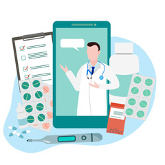 A doctor with stethoscope explaining about medicine and health care on smartphone screen by white bubble, with elements of medicine, pills, capsules, document board 
