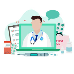 A doctor on laptop screen with elements of medicine, document, first aid bag, thermometer, eye drops and bubble on green background and green tone color 