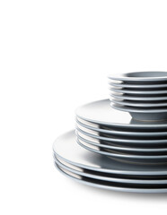 Set of grey clean dishes on white background