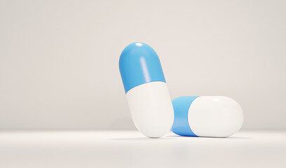 A stack of antibiotic pill capsules on a blue and white background. 3D render 
