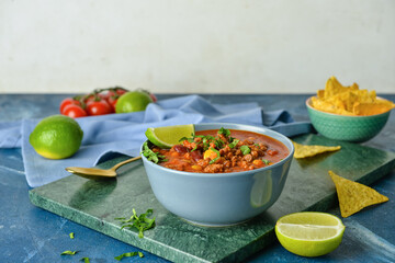 Bowl with delicious chili con carne and lime on table
