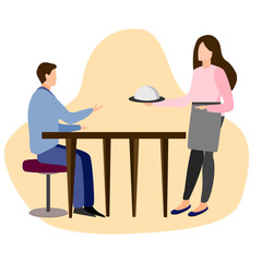 A man sitting at the wood table, a waitress serving rice, food to a man, restaurant service concept 