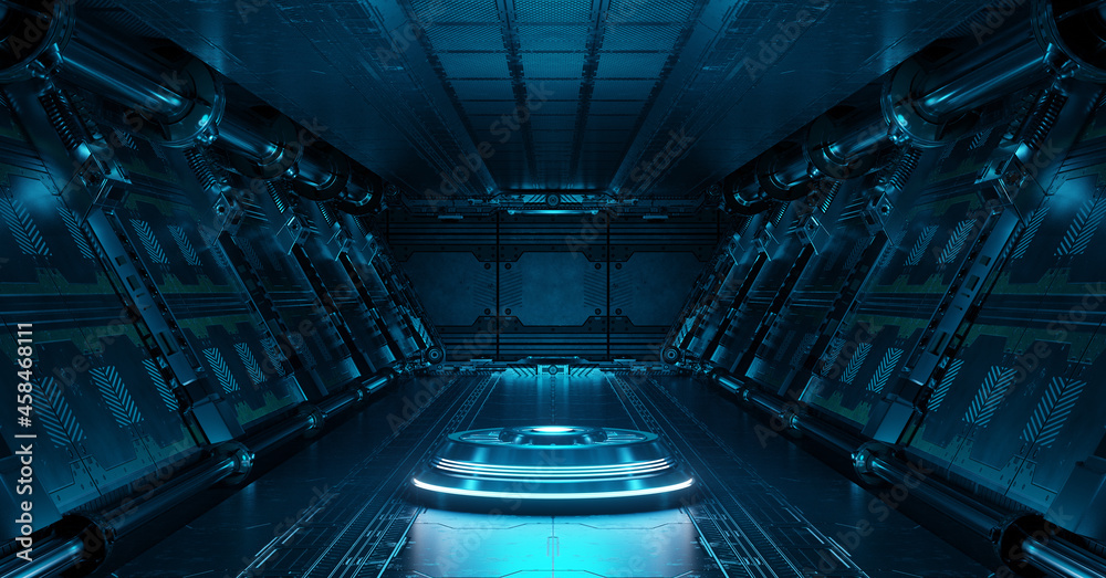 Poster blue spaceship interior with projector. futuristic corridor in space station with glowing neon light
