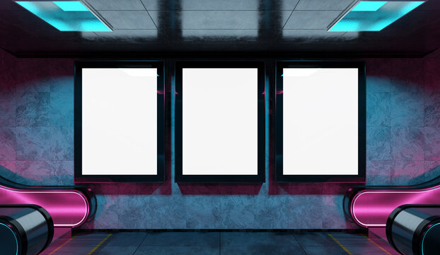 Three Blank Billboards On Underground Subway Wall Mockup. Hoardings Advertising Triptych In Glowing Neon Interior 3D Rendering