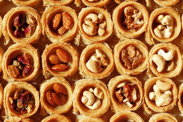 Background of traditional arabic dessert Baklava with honey and nuts