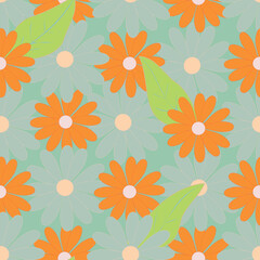 Blue and Orange Daisy Collage Repeating Seamless Vector Pattern