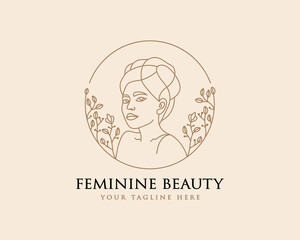 Hand drawn feminine woman beauty minimal face and floral botanical logo template for makeup spa salon skin & hair care line art portrait vector printable illustration design
