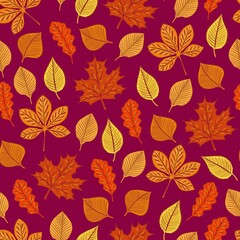 Plakat autumn leaves seamless pattern on dark red background.. Vector illustration for printing, backgrounds, wallpapers, covers, packaging, greeting cards, posters, stickers, textile, seasonal design.
