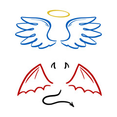 Angel and devil stylized vector illustration. Angel with wing, halo. Devil with wing and tail. Hand drawn line sketch style.