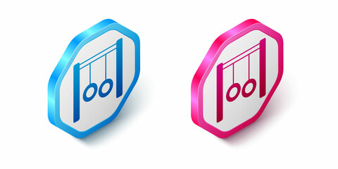 Isometric Gymnastic rings icon isolated on white background. Playground equipment with hanging rope with rings. Hexagon button. Vector