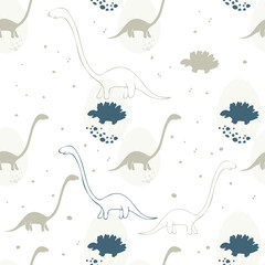 Dinosaurs seamless pattern. Colorful characters, plants and abstract shapes on background. Vector illustration for printing on fabric, postcard, wrapping paper, gift products, Wallpaper, clothing. 