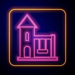 Glowing neon Swing for kids summer games on playground icon isolated on black background. Outdoor entertainment equipment. Vector