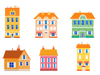 Set houses cottage home front view, colorful real estate. Cartoon urban buildings, vector illustration