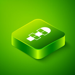 Isometric Hopscotch icon isolated on green background. Children asphalt coating drawing. Green square button. Vector