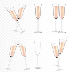 Set of Transparent realistic champagne glasses, isolated.	
