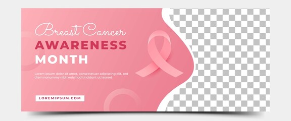 Breast cancer awareness month horizontal banner template design. Gradient pink background with place for the photo.