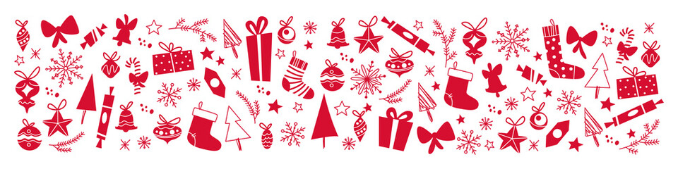 Merry Christmas ornament with xmas baubles and symbols banner. Vector flat illustration. For cards, banners, prints, packaging, invitations.