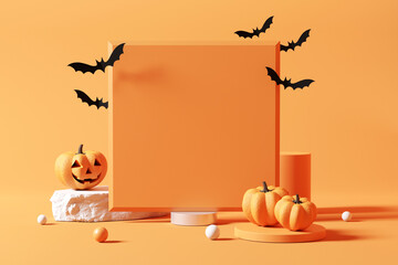 Background blank billboard for Halloween, 3d rendering, Smiling pumpkin character with bat on geometric shape, Space for promotion Halloween day. - obrazy, fototapety, plakaty
