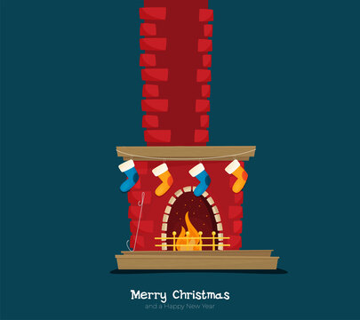Christmas fireplace with gifts, socks and candles. Flat cartoon style vector illustration.