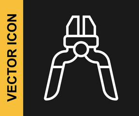 White line Pliers tool icon isolated on black background. Pliers work industry mechanical plumbing tool. Vector