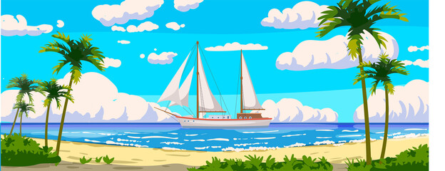 Tropical resort landscape panorama, sailboat. Sea shore sand, exotic palms, coastline, clouds, sky, summer vacation. Vector illustration cartoon style