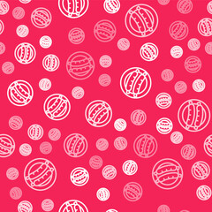 White line Sausage icon isolated seamless pattern on red background. Grilled sausage and aroma sign. Vector