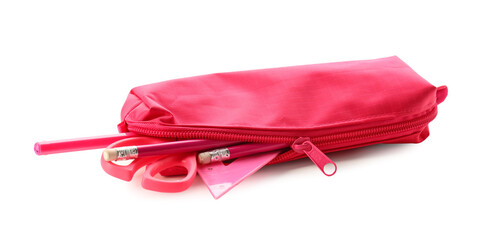 Stylish pencil case with stationery isolated on white background
