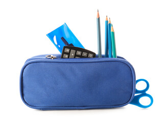 Blue pencil case with stationery on white background