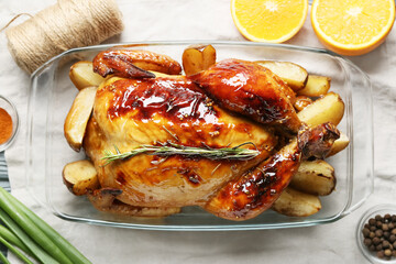 Baking dish with tasty chicken on table