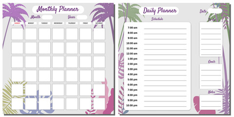 Daily, Monthly, Planner Set template vector. Palms floral decoration background, schedule, To Do list, goals, notes. Business notebook management, organizer