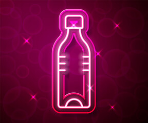 Glowing neon line Bottle of water icon isolated on red background. Soda aqua drink sign. Vector