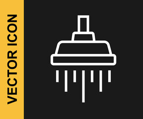 Obraz premium White line Shower head with water drops flowing icon isolated on black background. Vector