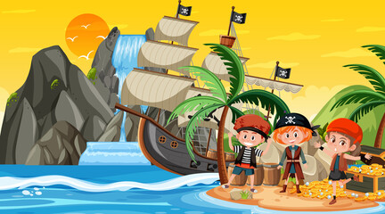 Treasure Island scene at sunset time with Pirate kids © brgfx